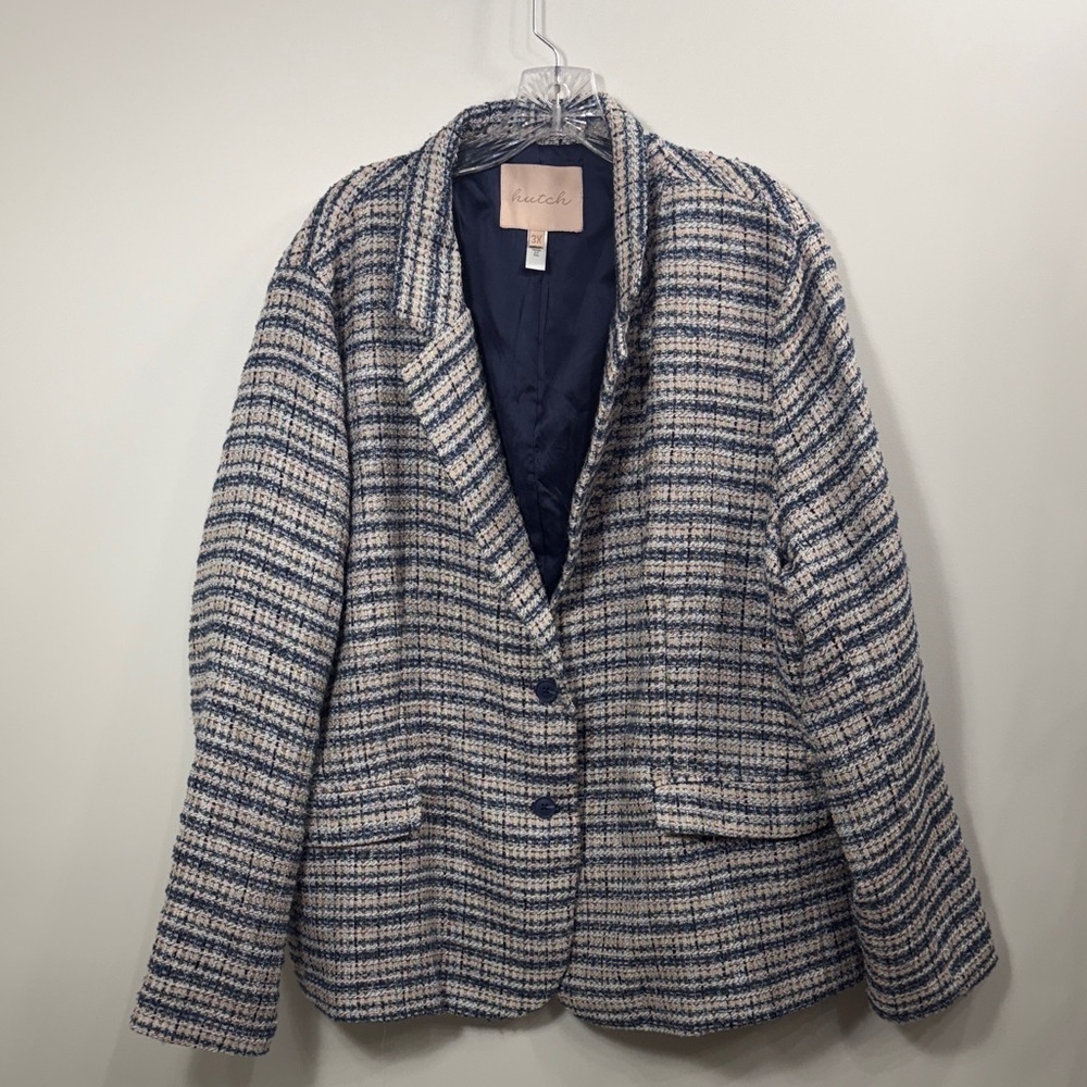 Anthropologie Hutch Tweed Preppy Blazer white blue gold metallic lined Size 3X